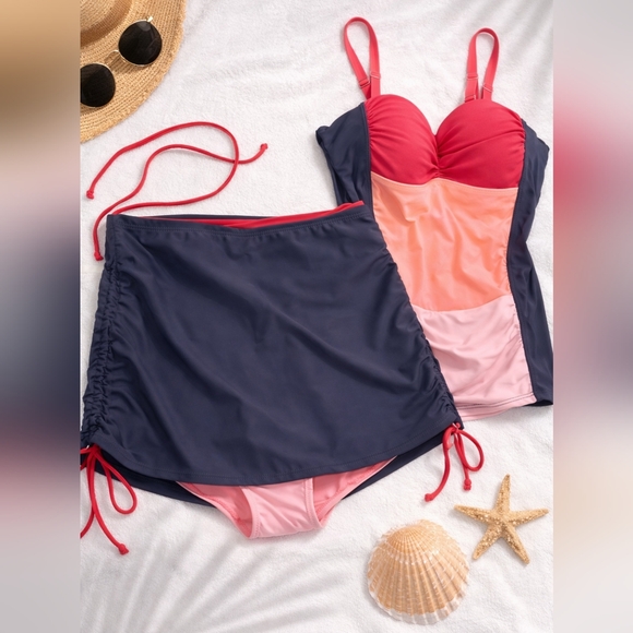 Other - Color Block Tankini Set w/Swim Skirt Pink&Gray Size S